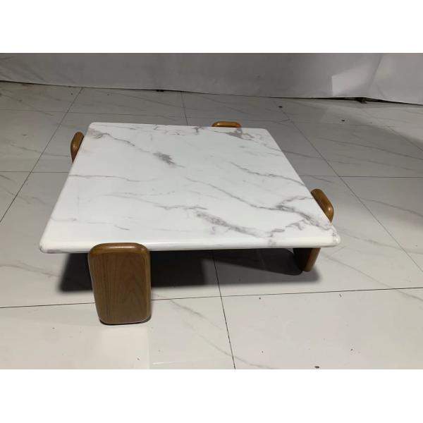 indoor Square Carrara White Marble Coffee Table with White Wax Solid wood Legs