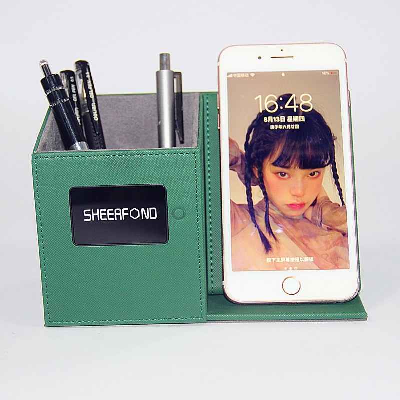 ODM Ultraportable Leather Pencil Holder , Dustproof Wireless Charging Desk Organizer