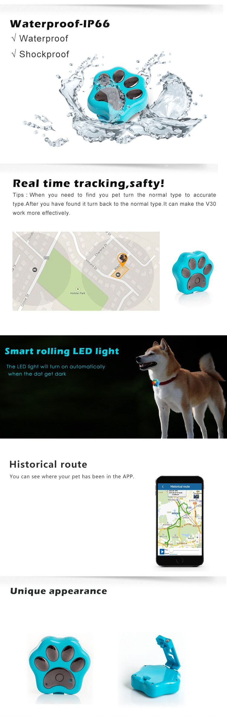 world's smallest waterproof gps pet tracker for dog/cat with long life battery RF-V30
