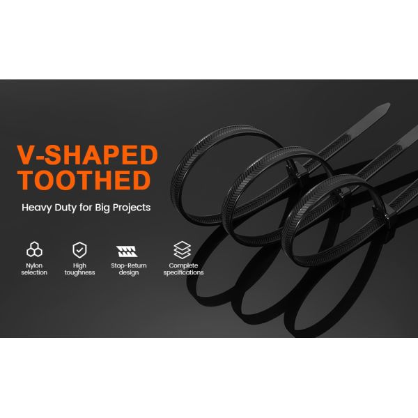 300*7.6mm Zip Ties Heavy Duty 12 Inch V-Shaped Toothed Double Sided With 200 LBS Tensile Strength Self Locking Nylon Cable Ties
