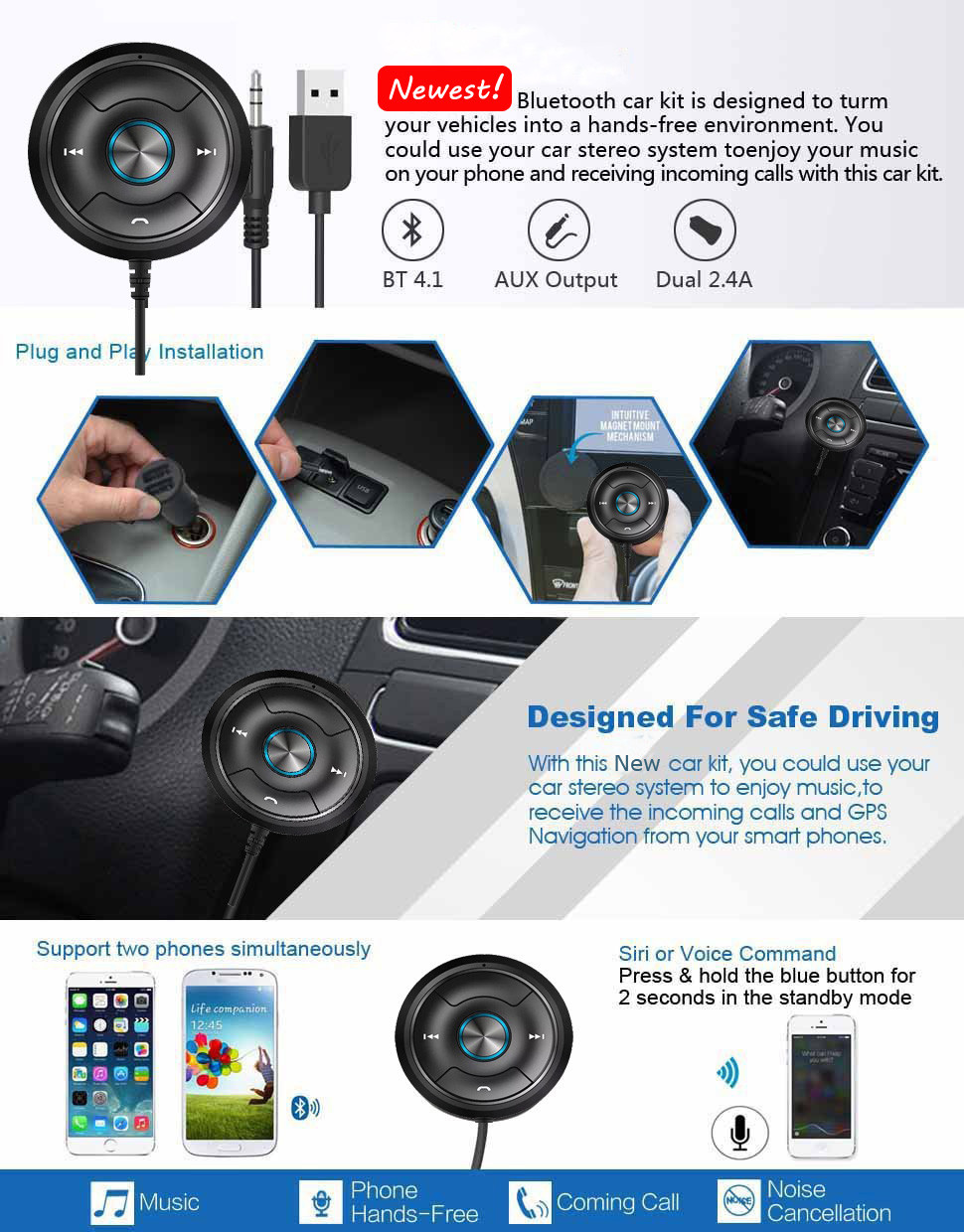 Aux usb Handfree Bluetooth v4.0 Stereo Audio Bluetooth Car Kit