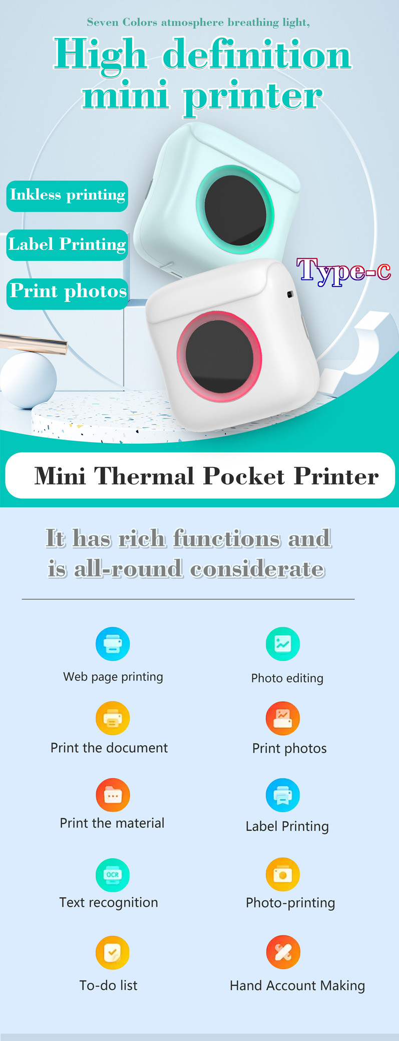 Portable Phone Thermal Mini Printer Sticker Bluetooth 200DPI