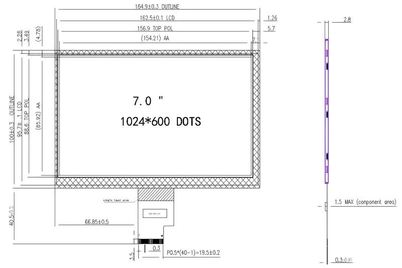 7 Inch 40 Pin LVDS TFT LCD Display CTP Optional 1024x600 Pixel Screen