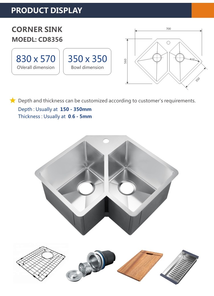 Brushed Stainless Steel Corner Double Bowl Kitchen Sink 16 Gauge 83x56