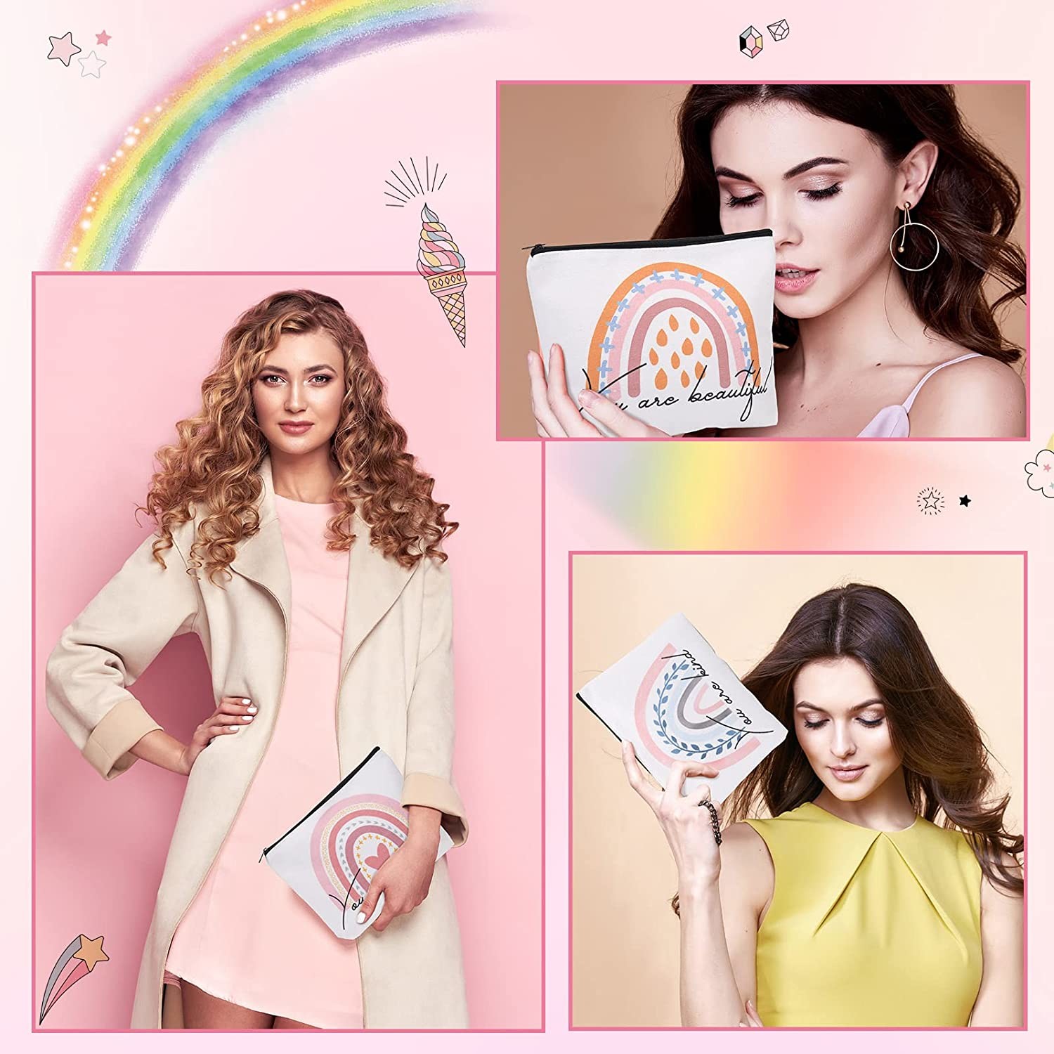 Rainbow Cosmetic Bag 4 Pieces Inspirational Quotes Canvas Cosmetic Bags