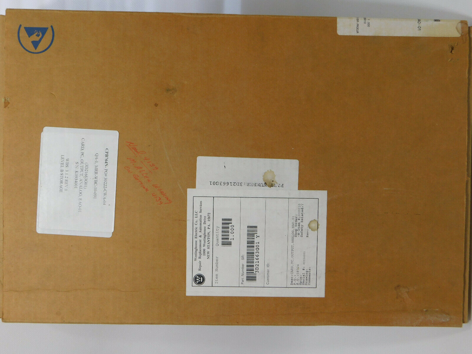 EMERSON 3D21663G01 10, PC Card, Output, Analog, Serial number matches factory box label.
