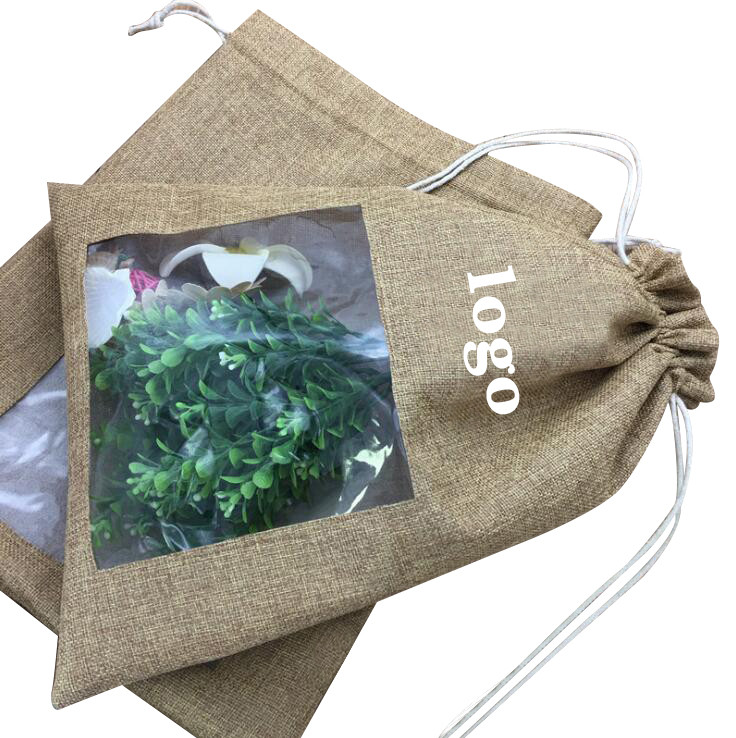 Logo Customized Burlap Favor Bags Drawstring Christmas Bag With Clear Window