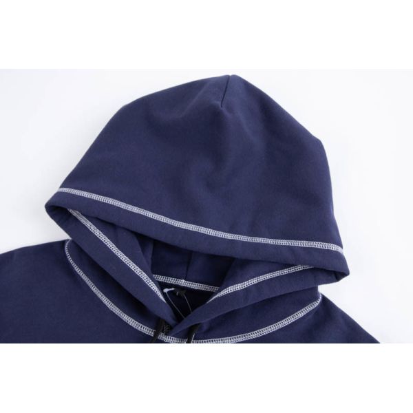 Navy Oversized Relaxed Fit Fleece Hoodie with Contrast Flatlock Seams and Back Slogan Print