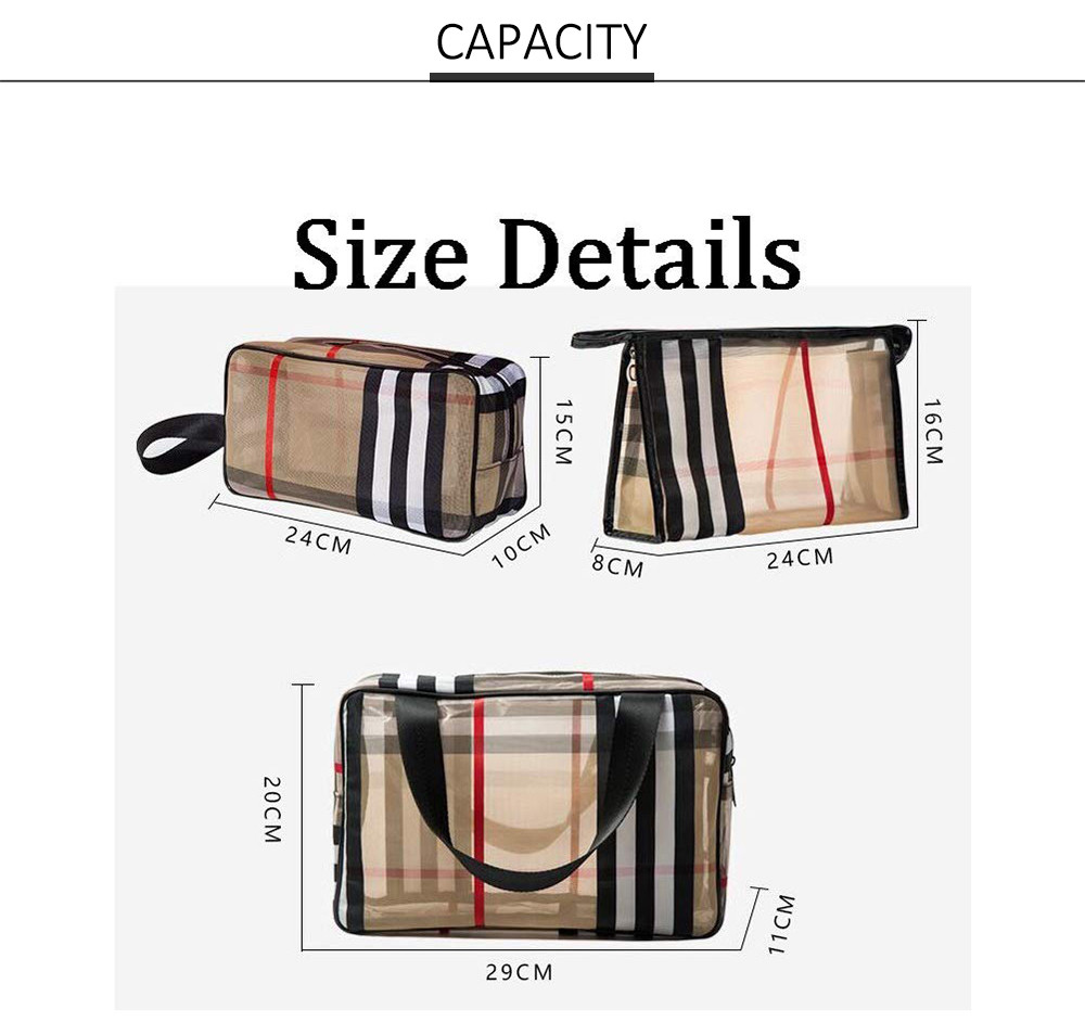 Travel Khaki PVC Stripe Mesh Makeup Bag For Women