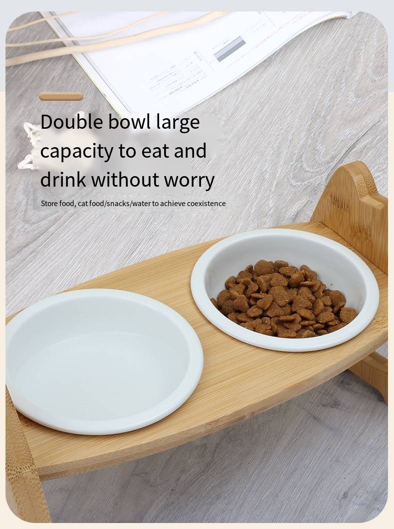 Bamboo Ceramic Bowl Cat Food Rack With Adjustable Height Double Pet Bowl Pet Supplies