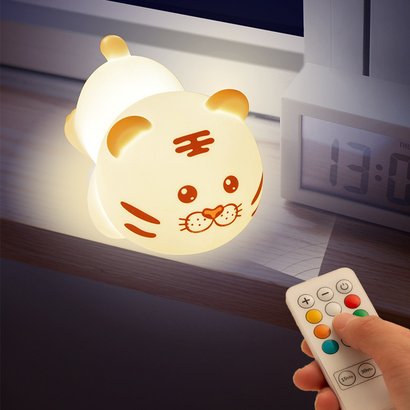 Cute Tiger Silicone Night Light LED Novelty Lamp 3 Level Dimmable Nursery Nightlight USB Rechargeable Timing Sleep Lamp