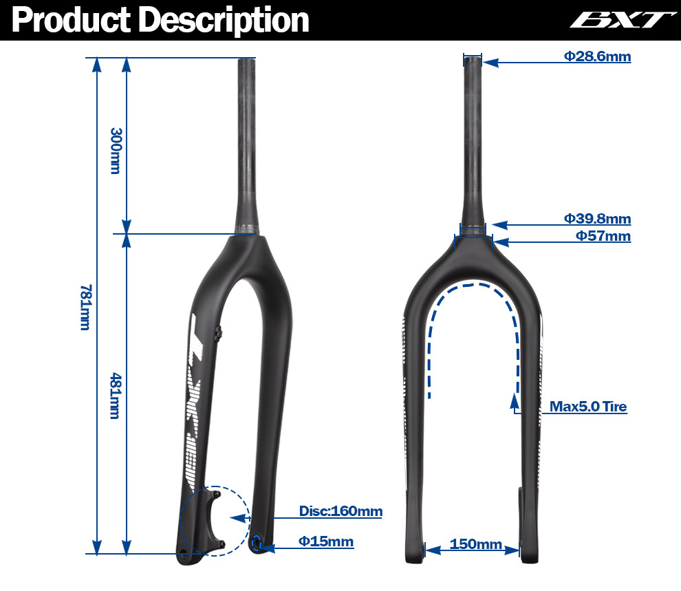 Bike Carbon Fiber Gravel Fork Snow Beach Fat Tire Bicycle Hard Forks 26 Disc Brake