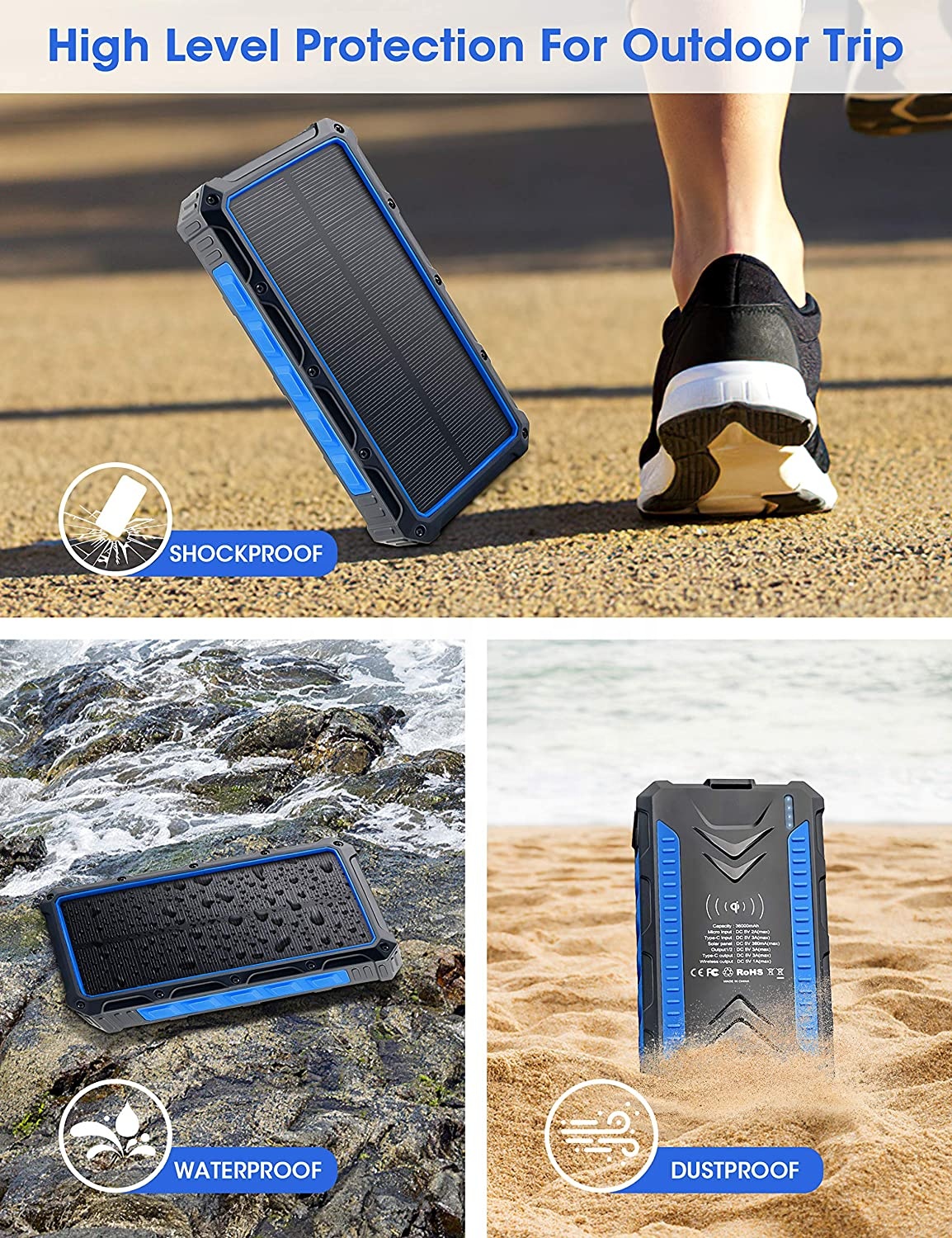 Fast Charging Wireless Solar Power Battery Bank 30000mAh High Capacity