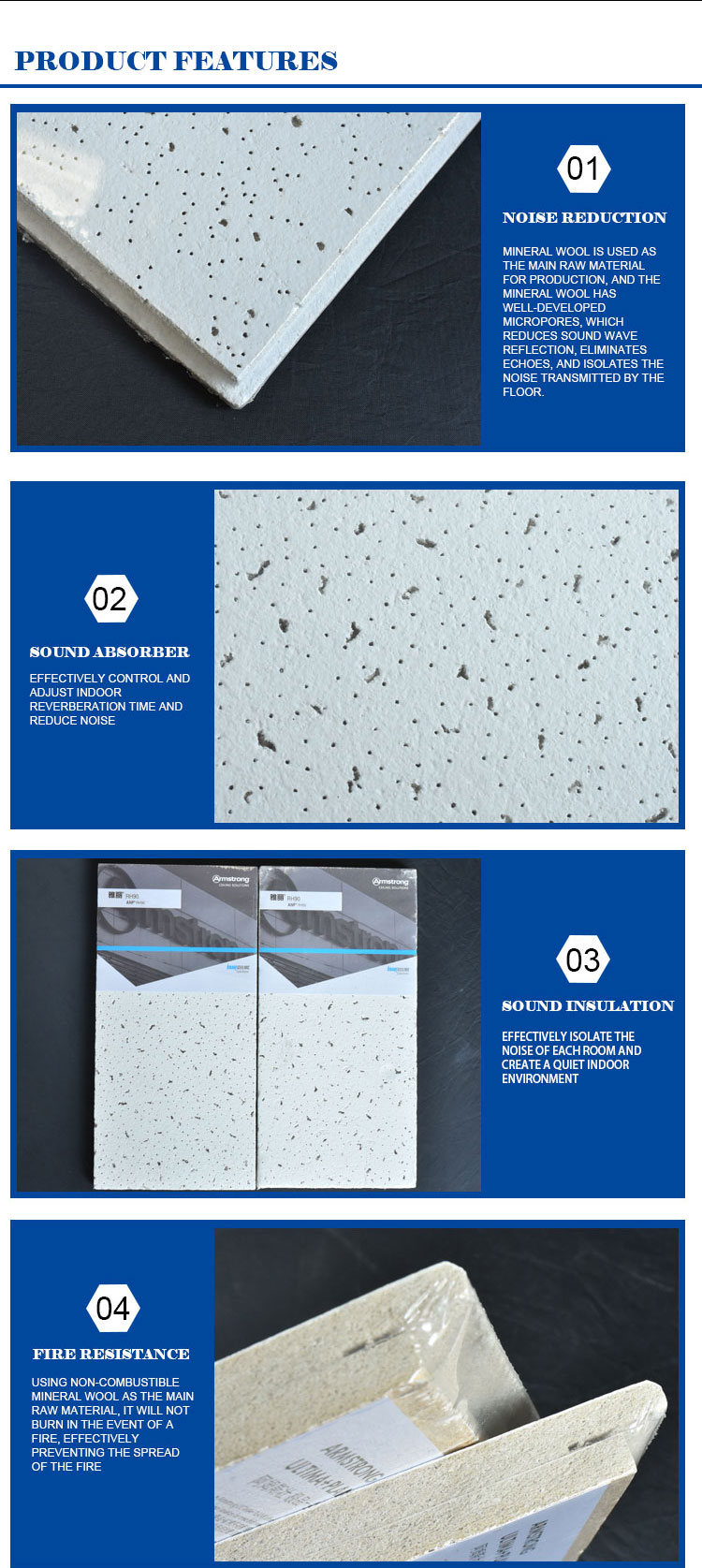 5/5.5/6/7/7.3/7.5/8/9/9.5/10/12/15mm Mineral Fiber Ceiling with Powder Coating Surface