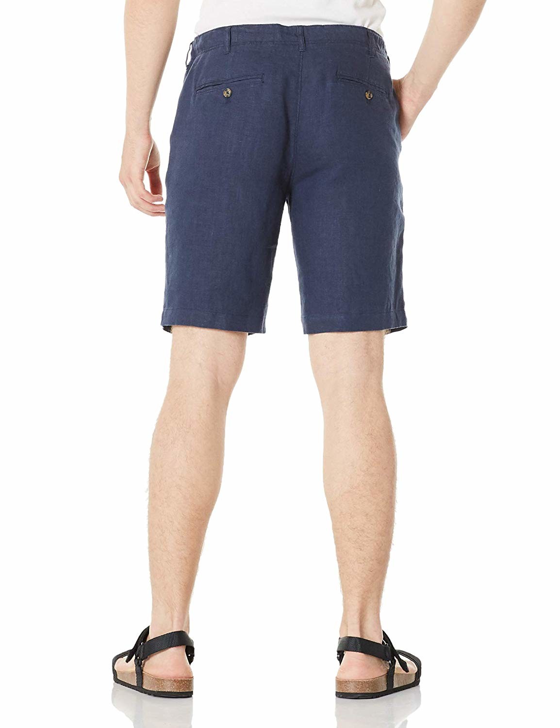 Low Waist Zipper Fly Mens Linen Shorts Navy Straight Leg with 2 Pockets
