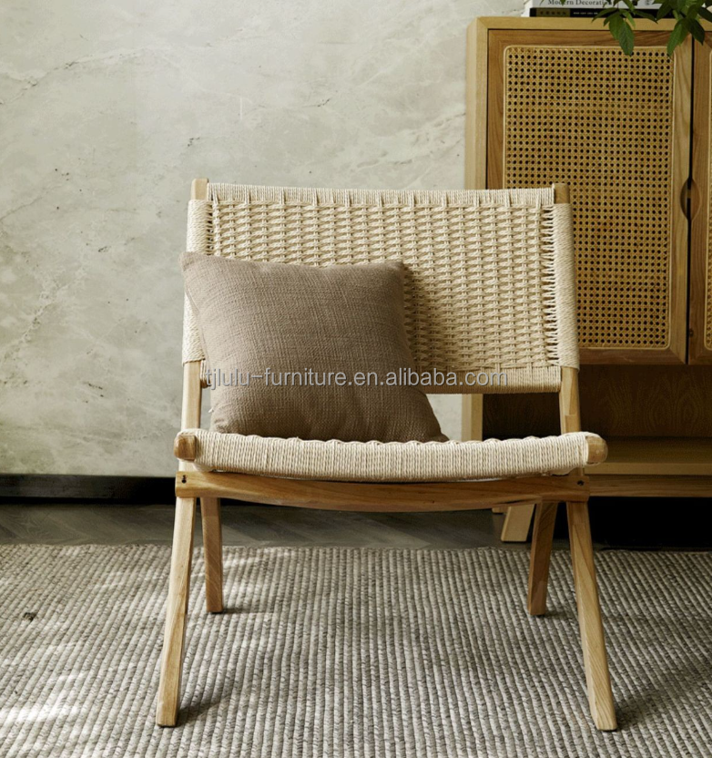 Hotel Living Room Furniture Nordic Style Solid Wood Leisure Chair with Woven Cord and Foldable Design