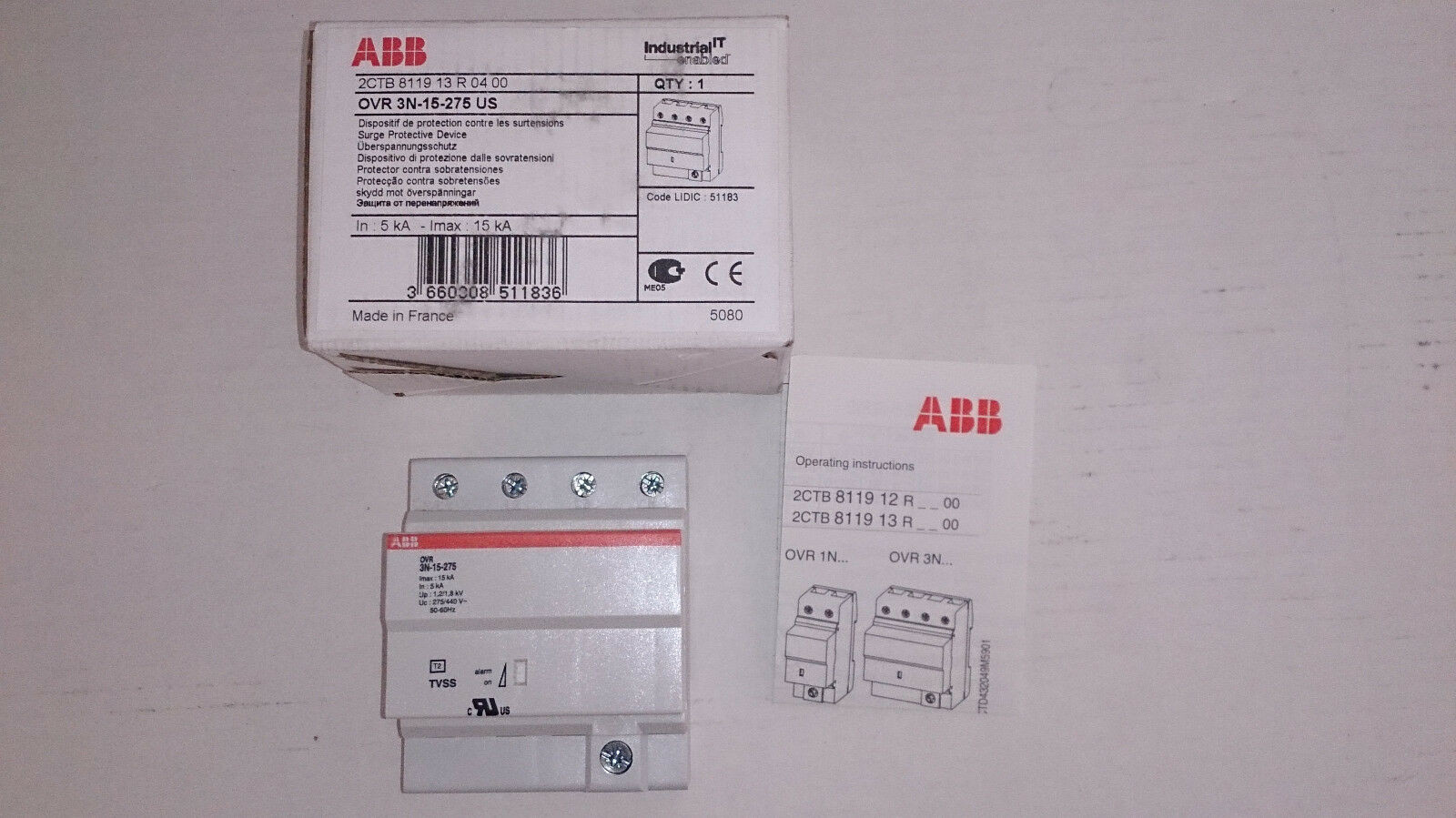 2CTB811913R0400 OVR3N-15-275US 230 V AC,350 V,100 kA,29 mW,brand new and original.