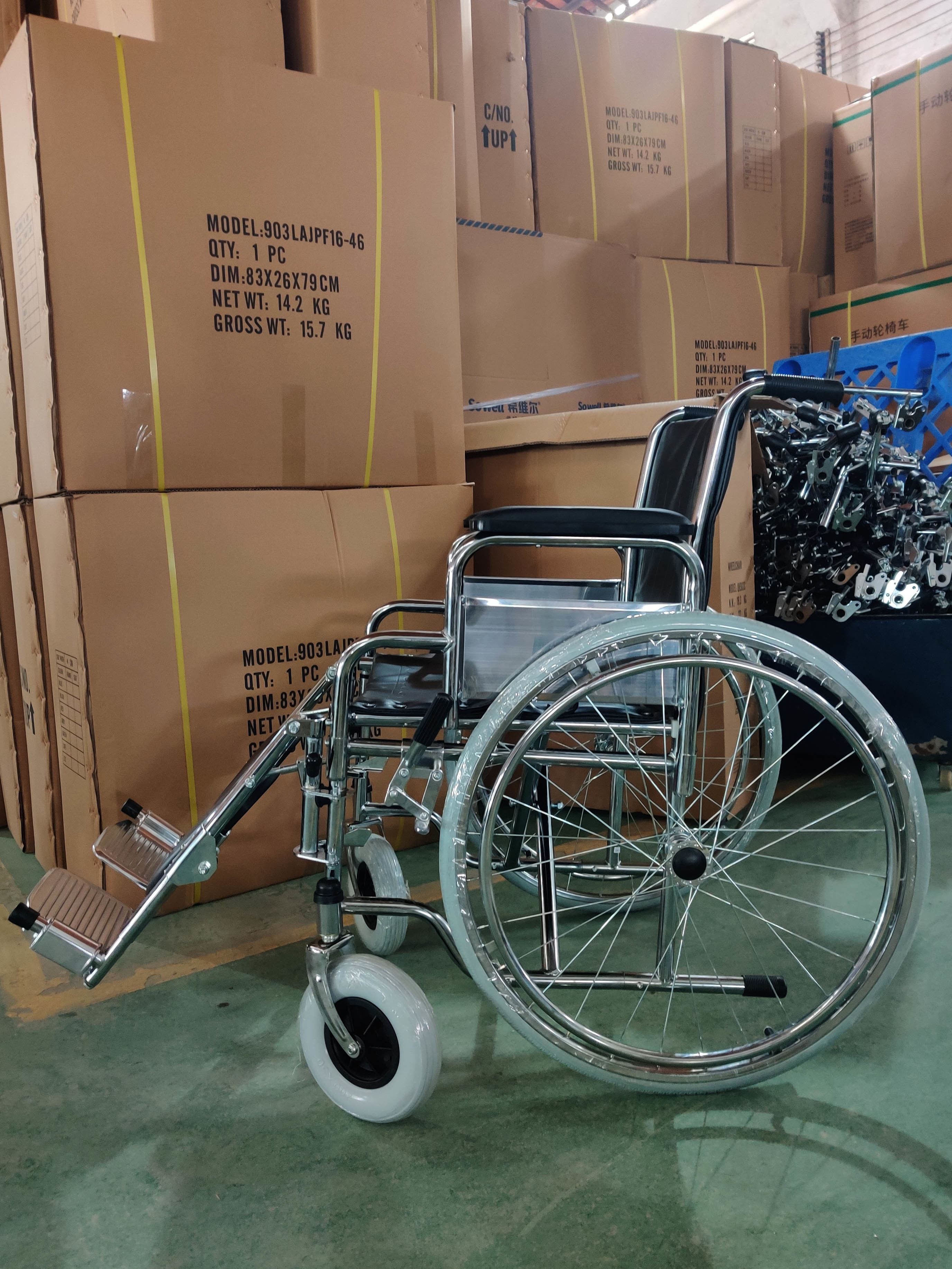 Elderly Care Folding Transport Wheelchair With Detachable Desk Armrest Elevating Footrest