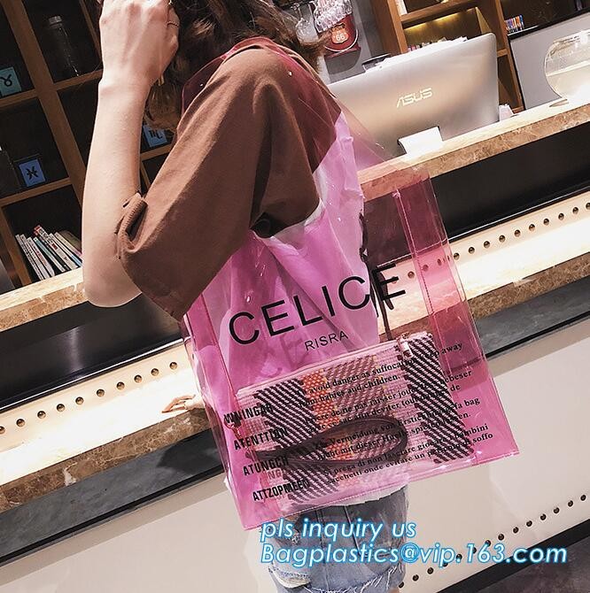 printed handle pvc bag pvc plastic bag, Stand up gift wine bottle packing recyclable PVC loop handle plastic bag, top se