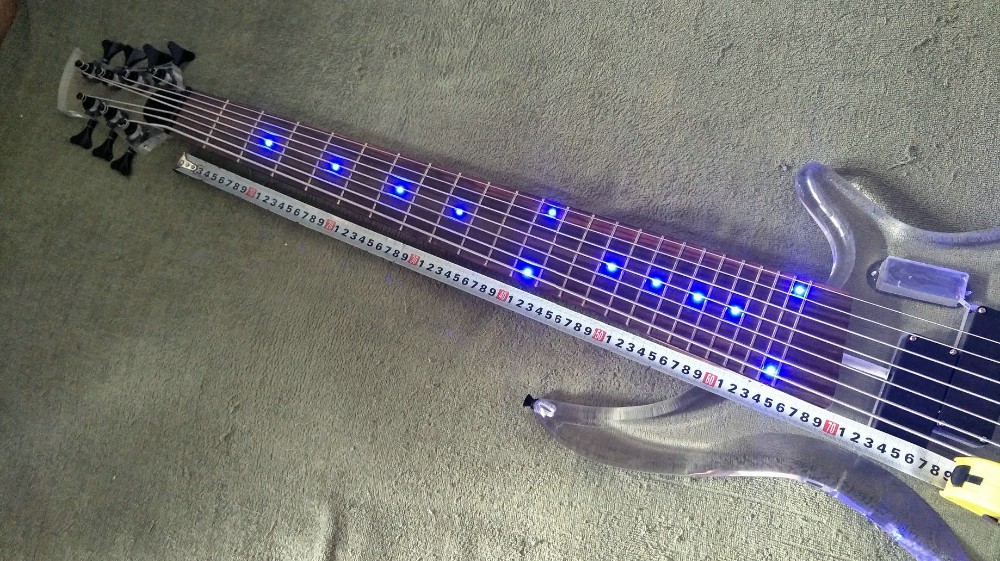 7 Strings Bass Guitar Limited Edition Clear Acrylic Body Rosewood fingerboard inlay Blue LED lamp Electric Bass Guitar