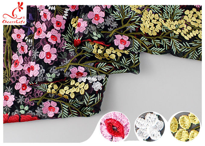 Multi Colored Floral Heavy Embroidered Lace Fabric For Evening Dress OEM