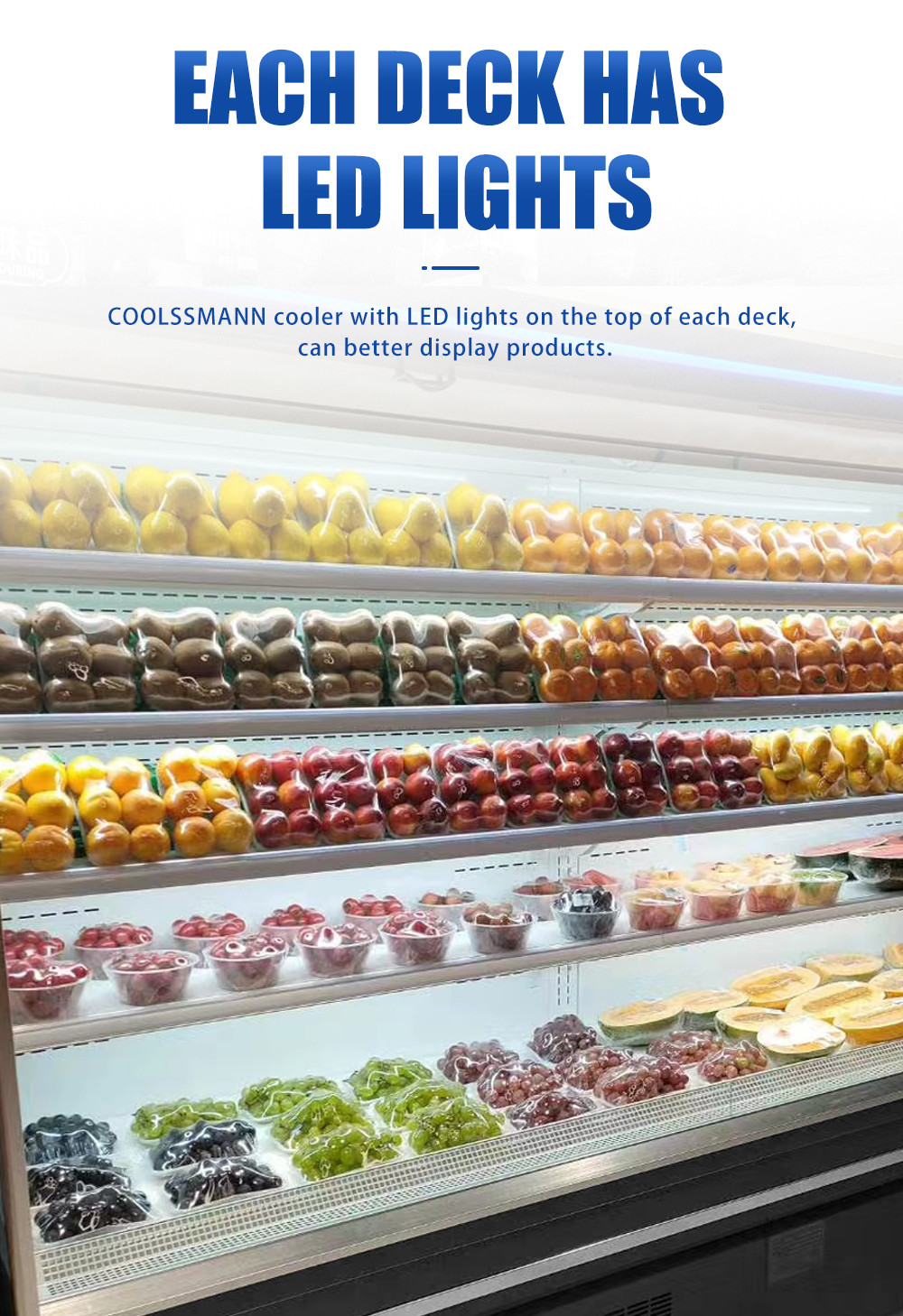 Vegetable Display Case Refrigerator , 4 Layers 1.98m Height LED Open Front Chiller