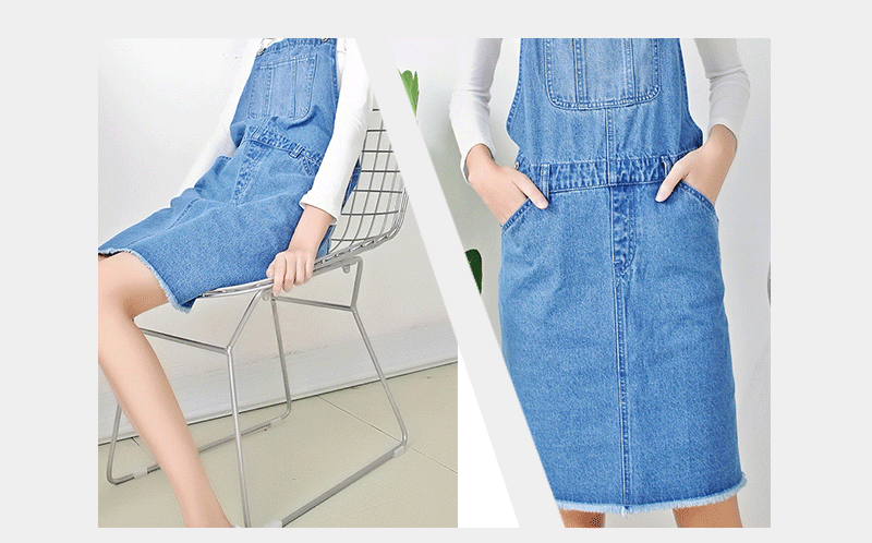 Casual Wear Jumpsuit Suspender Skirt For Women , Denim Medium Length Dress