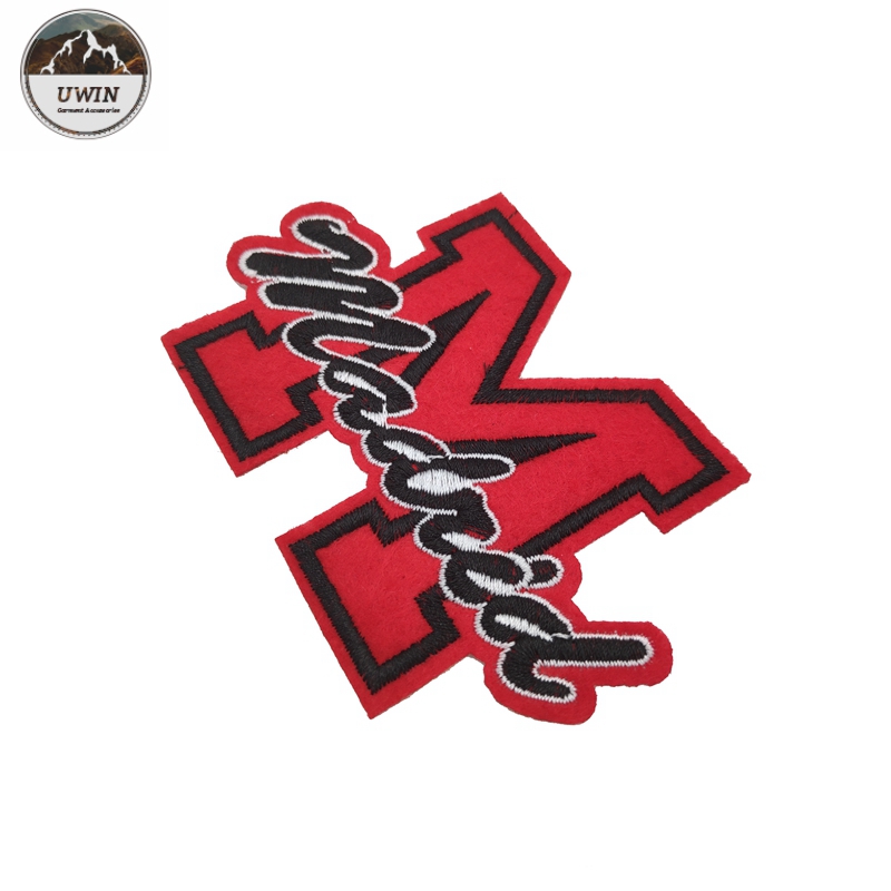 M Letter Embroidered Sports Patches Red / Black Customized Size With Felt Bottom