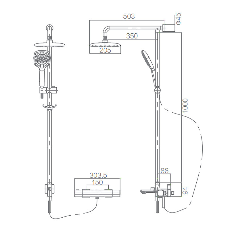 Bathroom Thermostatic Bath Filler Shower Set Square 3 Function