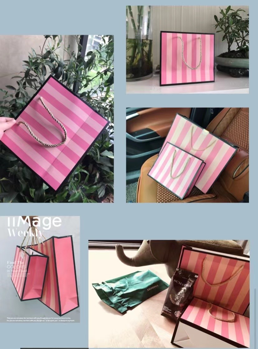 Pink Striped Pantone CMYK Cosmetic Paper Bags For Return Gifts