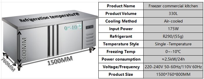 Power Saving Commercial Restaurant Freezer Energy Efficient 2 Door Worktop Freezer
