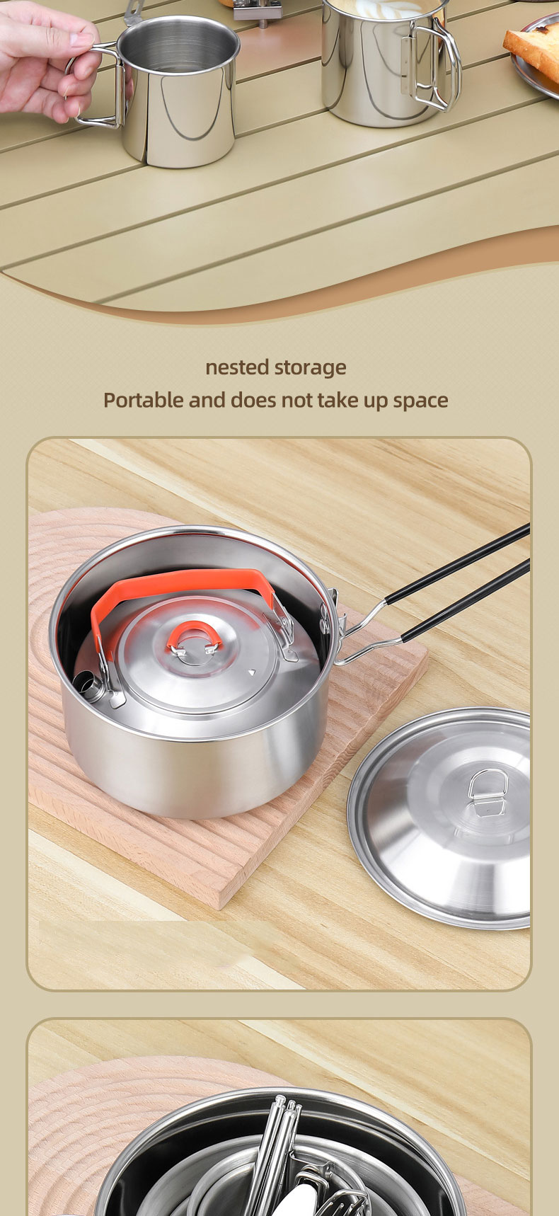 Hot Sale 304 Stainless Steel Outdoor Camping Cookware Mess Kit Portable Picnic Pot Pan Camping Cooking Set