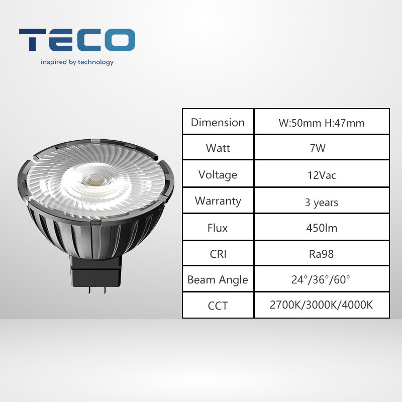 Teco 4000k MR16 Led Spotlight Bulbs Low Voltage 12v GU5.3 Base 7W 36 Degree Beam Angle
