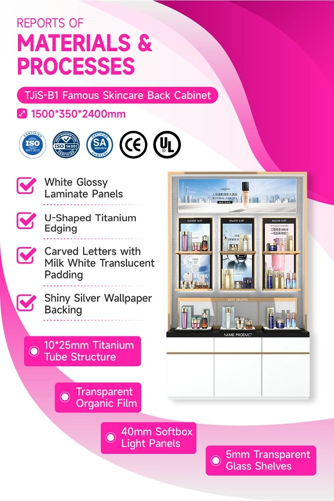 TJiS-B1 U-Shaped Titanium Edging Skincare Display Cabinet with 40mm Softbox