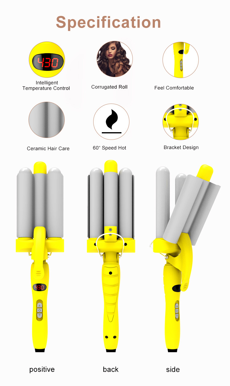 110-240V Large 3 Barrel Curling Iron 360 Swivel Power Cord For Hotel