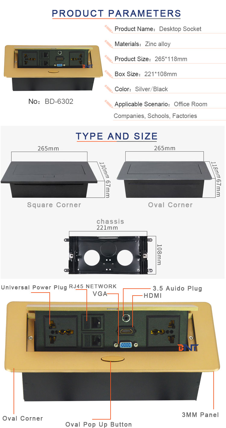 Gold Color Hidden Desk Socet Box with Pre-wired H-DMI & VGA jack