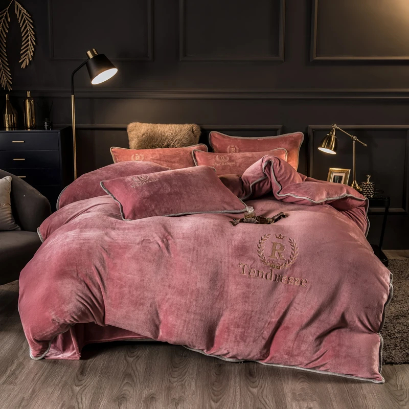 Customized Solid Milk Velvet Embroidery Bedding Set Thickened Warm Flannel Four Piece Set