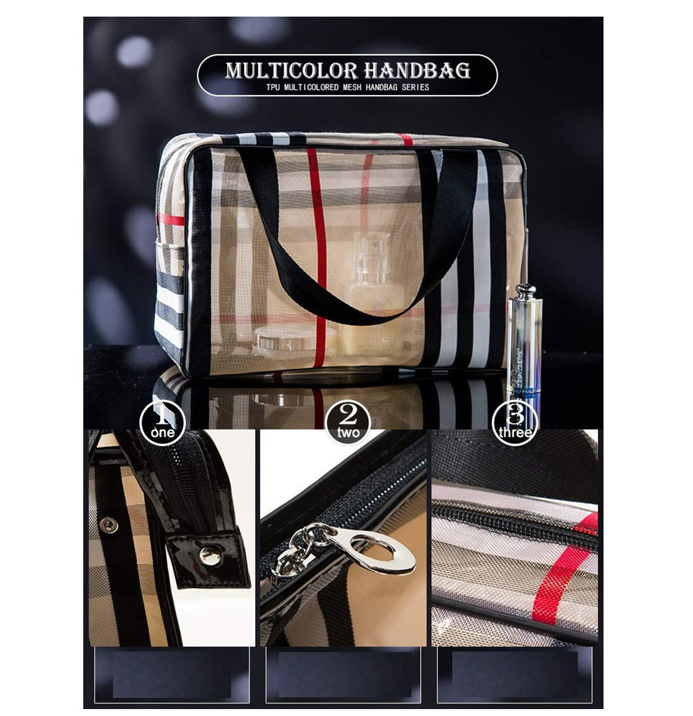 Travel Khaki PVC Stripe Mesh Makeup Bag For Women