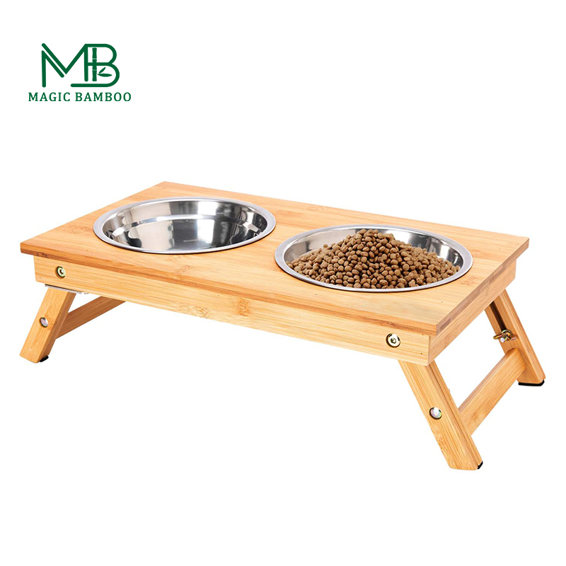 Single Tier Sustainable Bamboo Foldable Pet Feeder Non-Slip Two Bowls for Sustainable