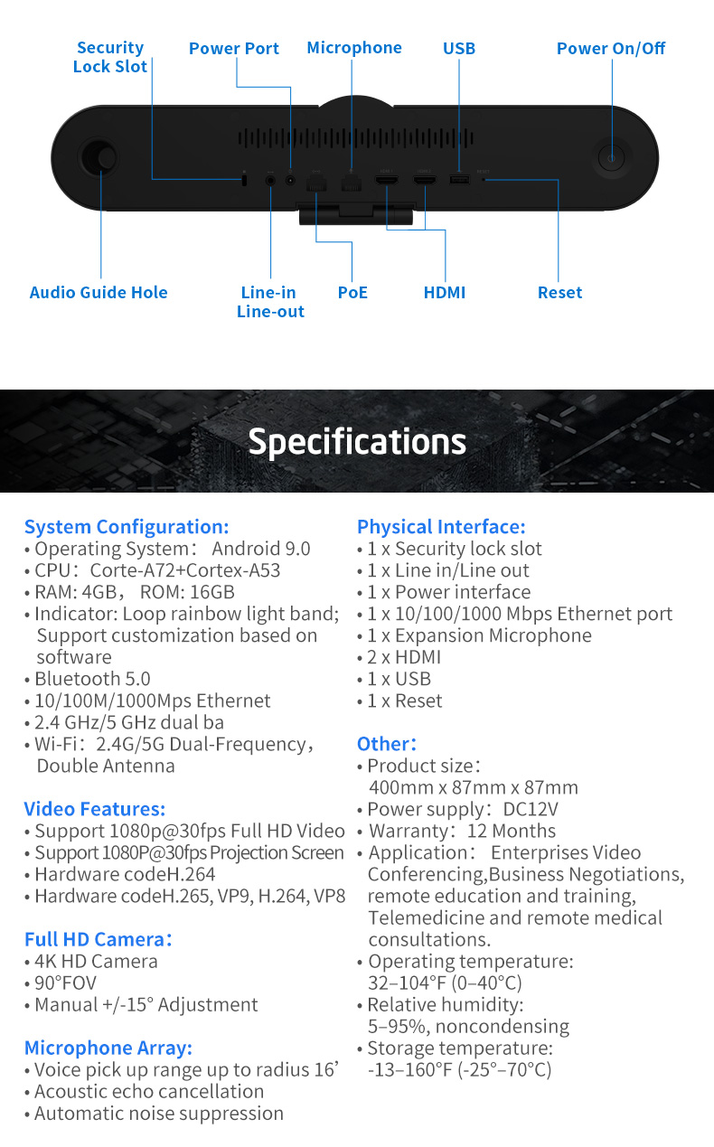 all in one video conference system build in miarophone array and speskerphone,4K ePTZ camera for home office and business