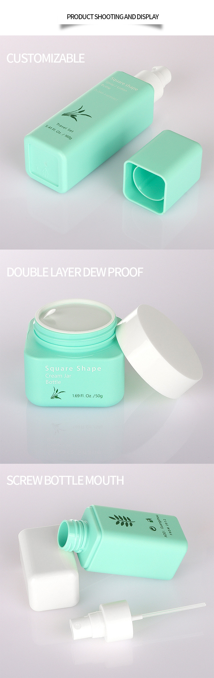 Elegant Green Cosmetic Packaging Sets 50g 80g 100ml 160ml Simple Style
