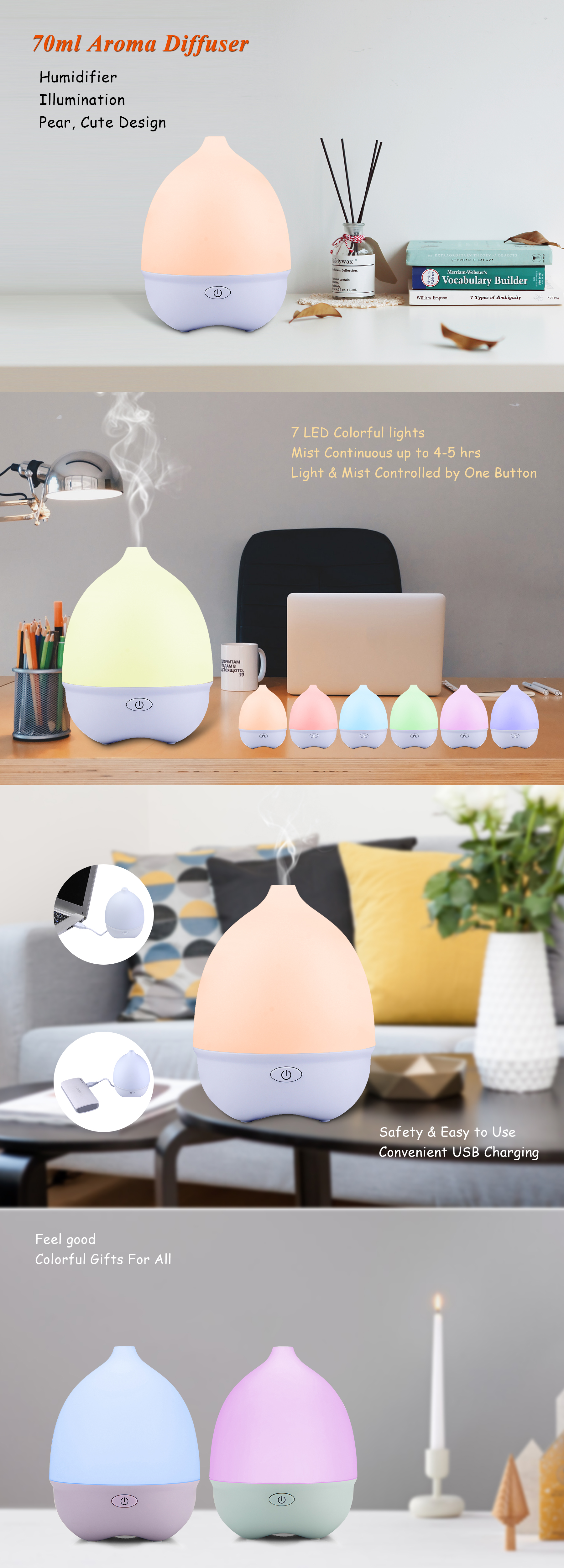 7 Colors Changing LED Light Ultrasonic USB Fragrance Oil Diffuser