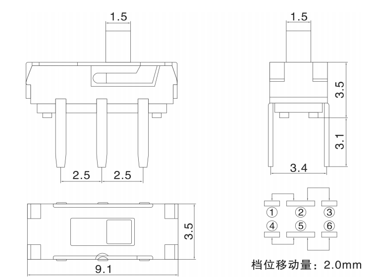 Slide Switch,DPDT 2 Way 6 Pin Power Sliding Switch, Horizontal Side Push Tact Switch,Interruptor On-Off Toggle Switch
