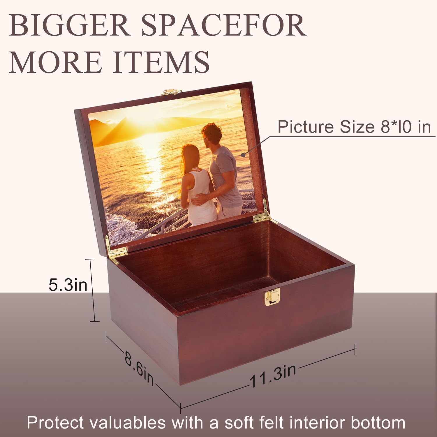 Customized Larger Wooden Memory Keepsake Boxes With Hinged Lids and a photo frame inside the lid - Wooden Gift Boxes