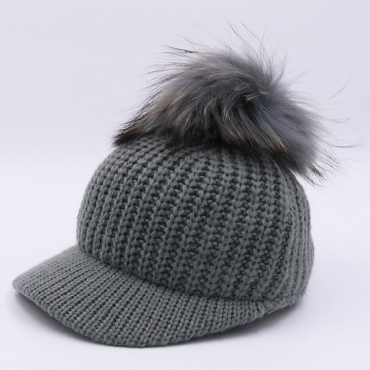 Wool Top Winter Baseball Hats , Real Raccoon Fur Mens Pom Pom Beanie Hats