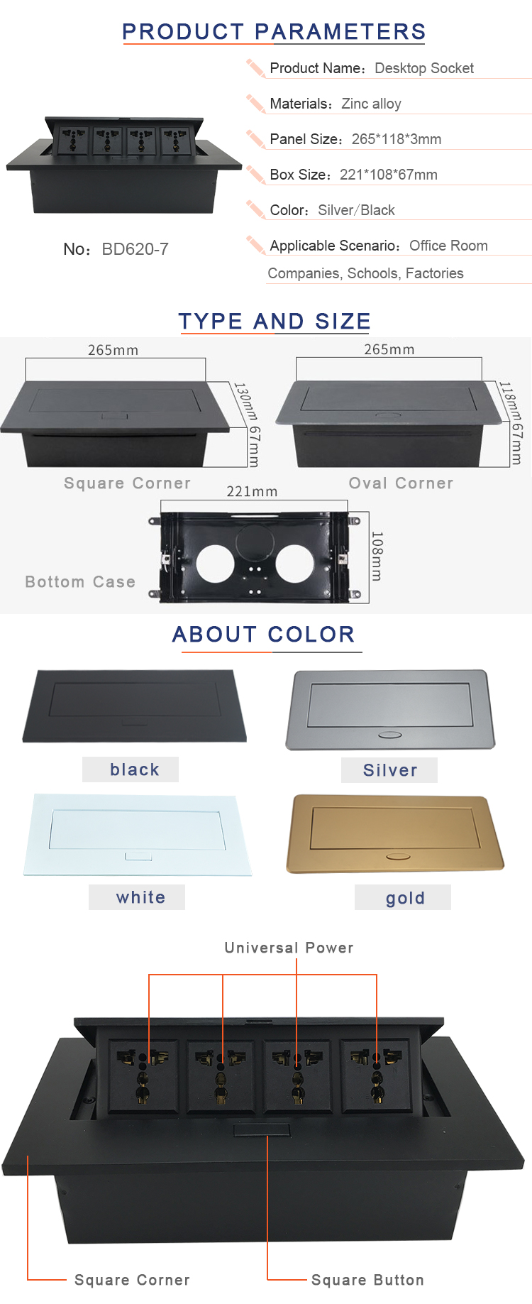 BNT 11+ years factory supply pop up type hidden table desktop power socket box
