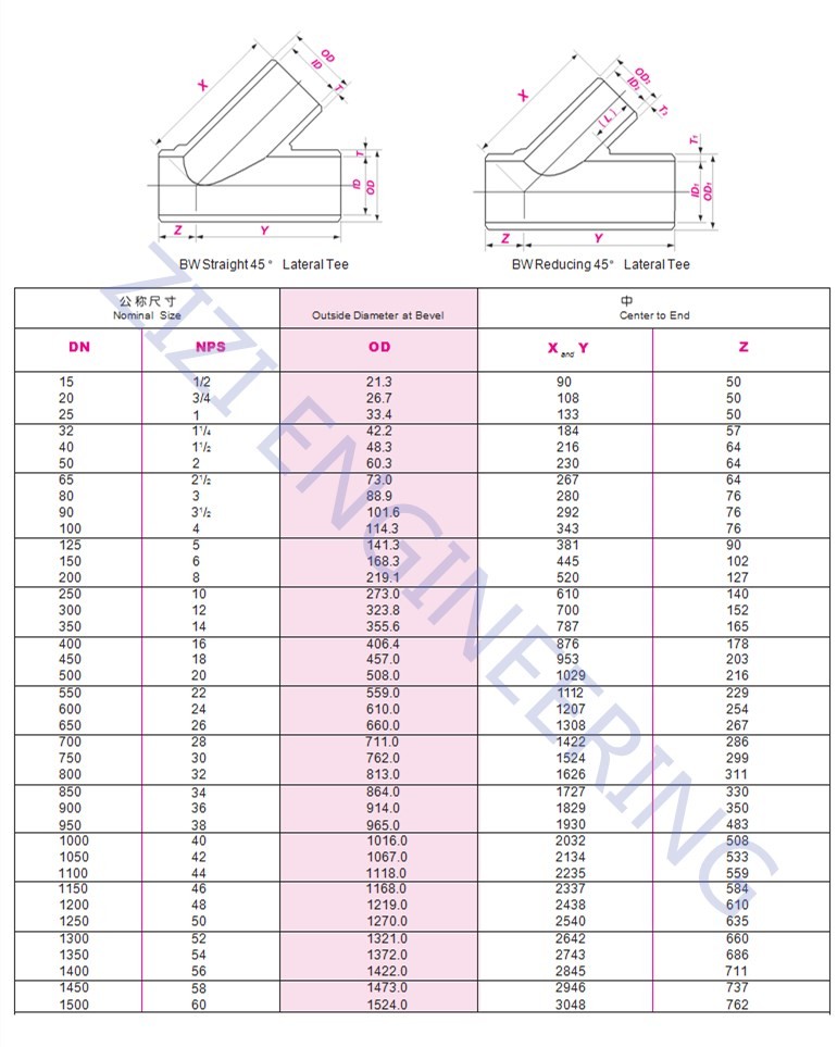 45 Degree Lateral Tee Carbon Steel Pipe Fittings ASTM A234 WPB ASME B16.9
