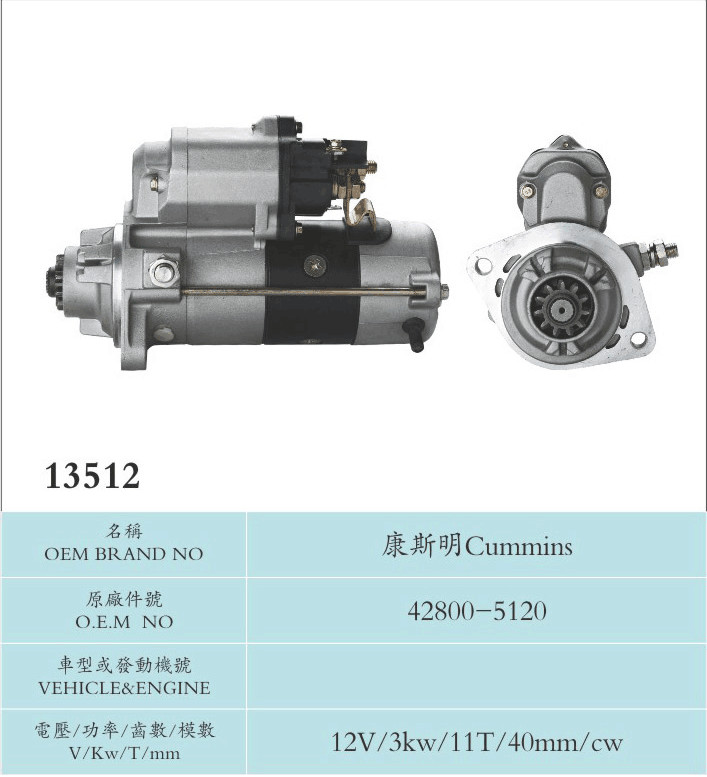 Nippondenso Diesel Truck Cummins Starter , 42800-5120 Auto Parts 12V 3KW 11T