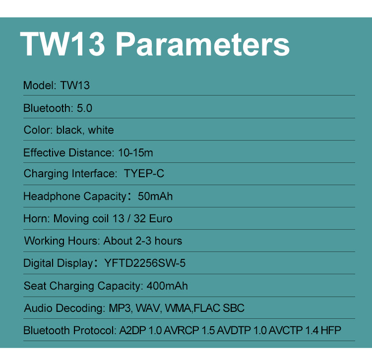 400mah BT5.0 TWS Wireless Earbuds TW13 GPS Positioning ROHS