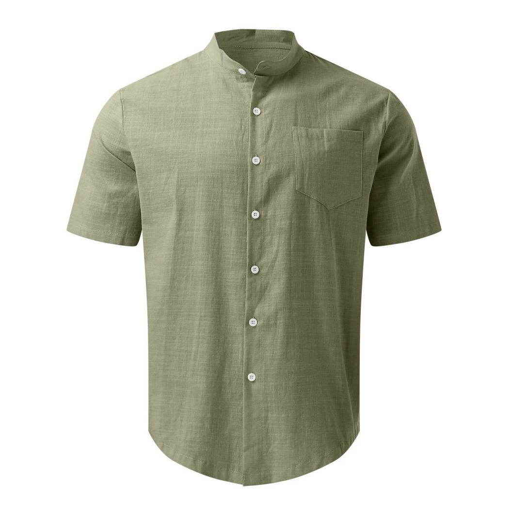 2023 Men&prime;s Short-Sleeved Cotton Linen Shirt Standing Collar Slim-Fit Men&prime;s Shirt